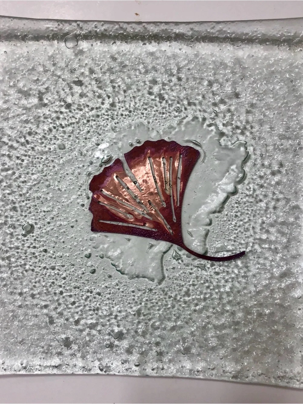 Jones Glassworks Decorative Square plate Copper Ginkgo leaf motif -Home Accents